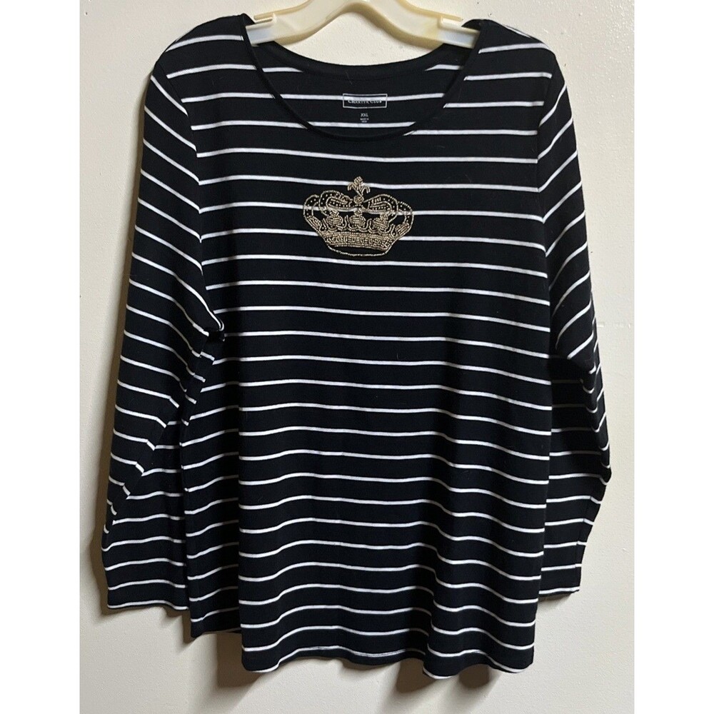 Charter Club Womens Top Size XXL Gold Bead Crown Black White Stripe 3/4 Sleeve